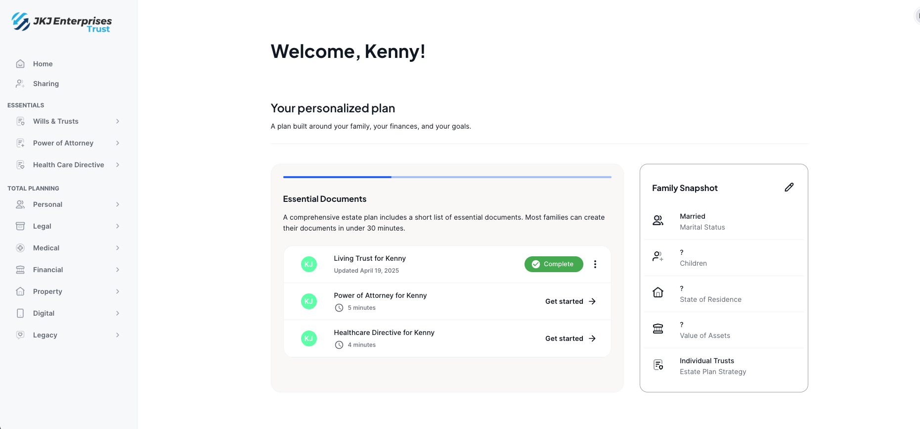 JKJ Enterprises Trust Portal - Your free estate planning dashboard